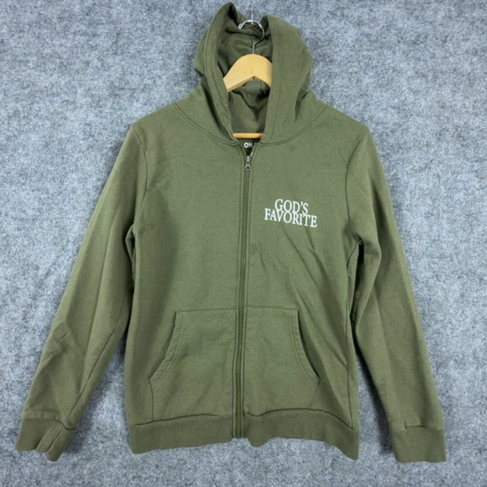 On Fire Zip Up Hoodie Mens Small Green Gods Favorite Graphic Cotton Sweatshirt